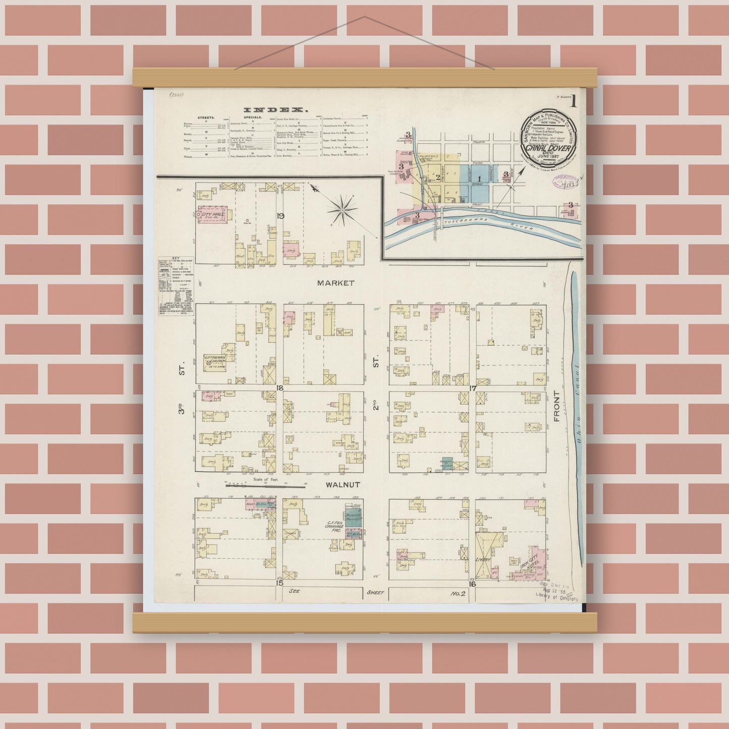 Old map wall art mockup — magnetic wood frame on brick wall — Sanborn Fire Insurance Map from Canal Dover, Tuscarawas County, Ohio (1887), Sheet #0001