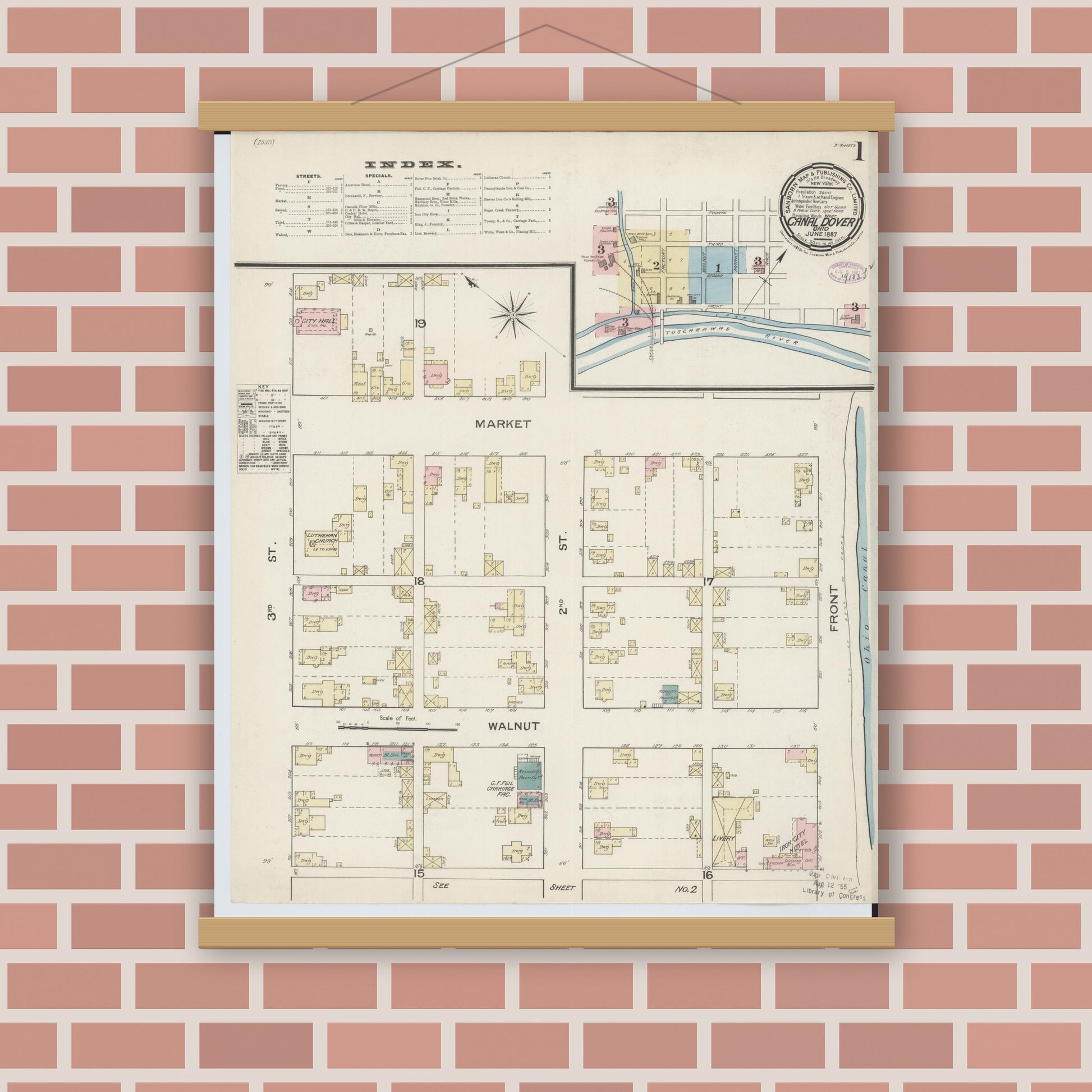 Old map wall art mockup — magnetic wood frame on brick wall — Sanborn Fire Insurance Map from Canal Dover, Tuscarawas County, Ohio (1887), Sheet #0001