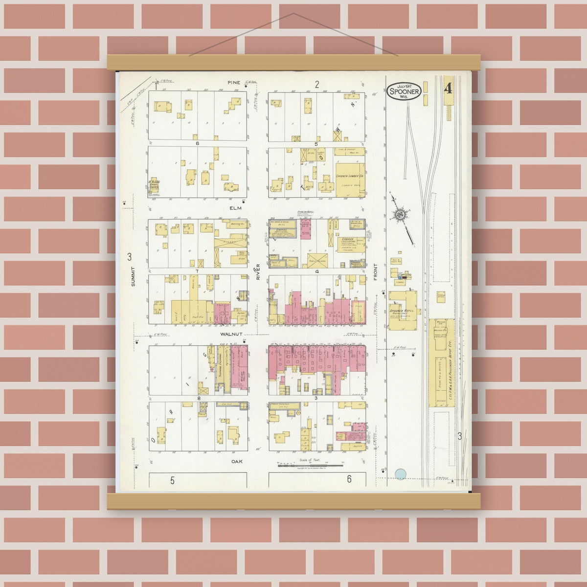 Old map wall art mockup — magnetic wood frame on brick wall — Sanborn Fire Insurance Map from Spooner, Washburn County, Wisconsin (1917), Sheet #0004