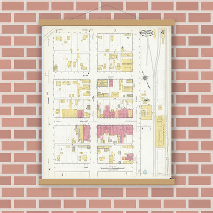 Old map wall art mockup — magnetic wood frame on brick wall — Sanborn Fire Insurance Map from Spooner, Washburn County, Wisconsin (1917), Sheet #0004