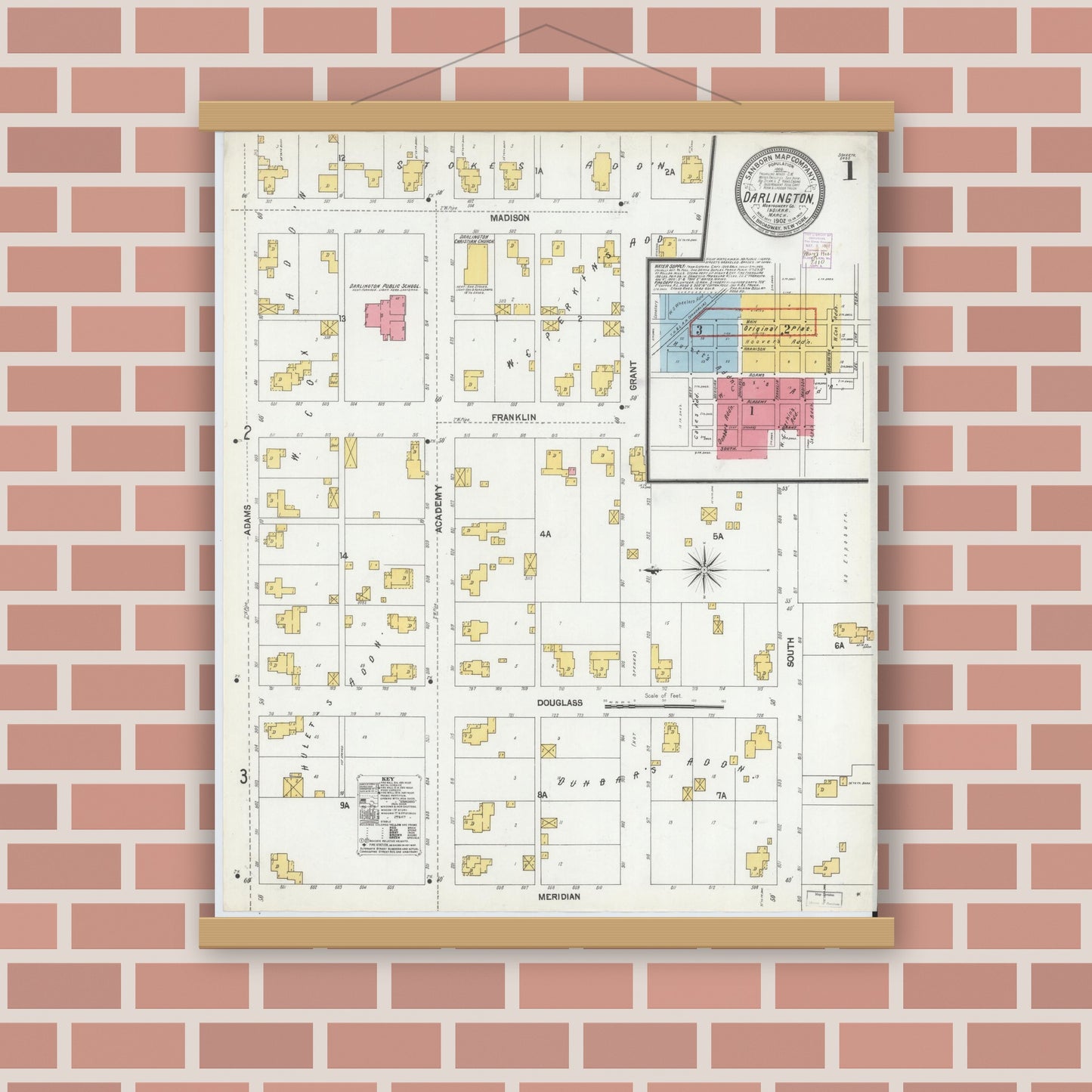 Old map wall art mockup — magnetic wood frame on brick wall — Sanborn Fire Insurance Map from Darlington, Montgomery County, Indiana (1902), Sheet #0001