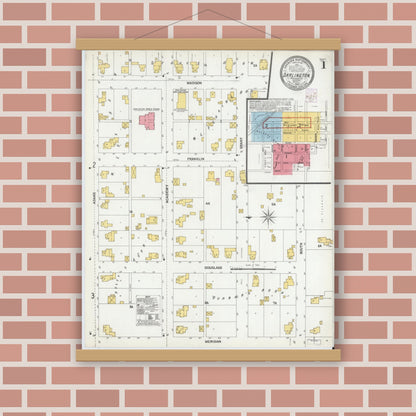 Old map wall art mockup — magnetic wood frame on brick wall — Sanborn Fire Insurance Map from Darlington, Montgomery County, Indiana (1902), Sheet #0001