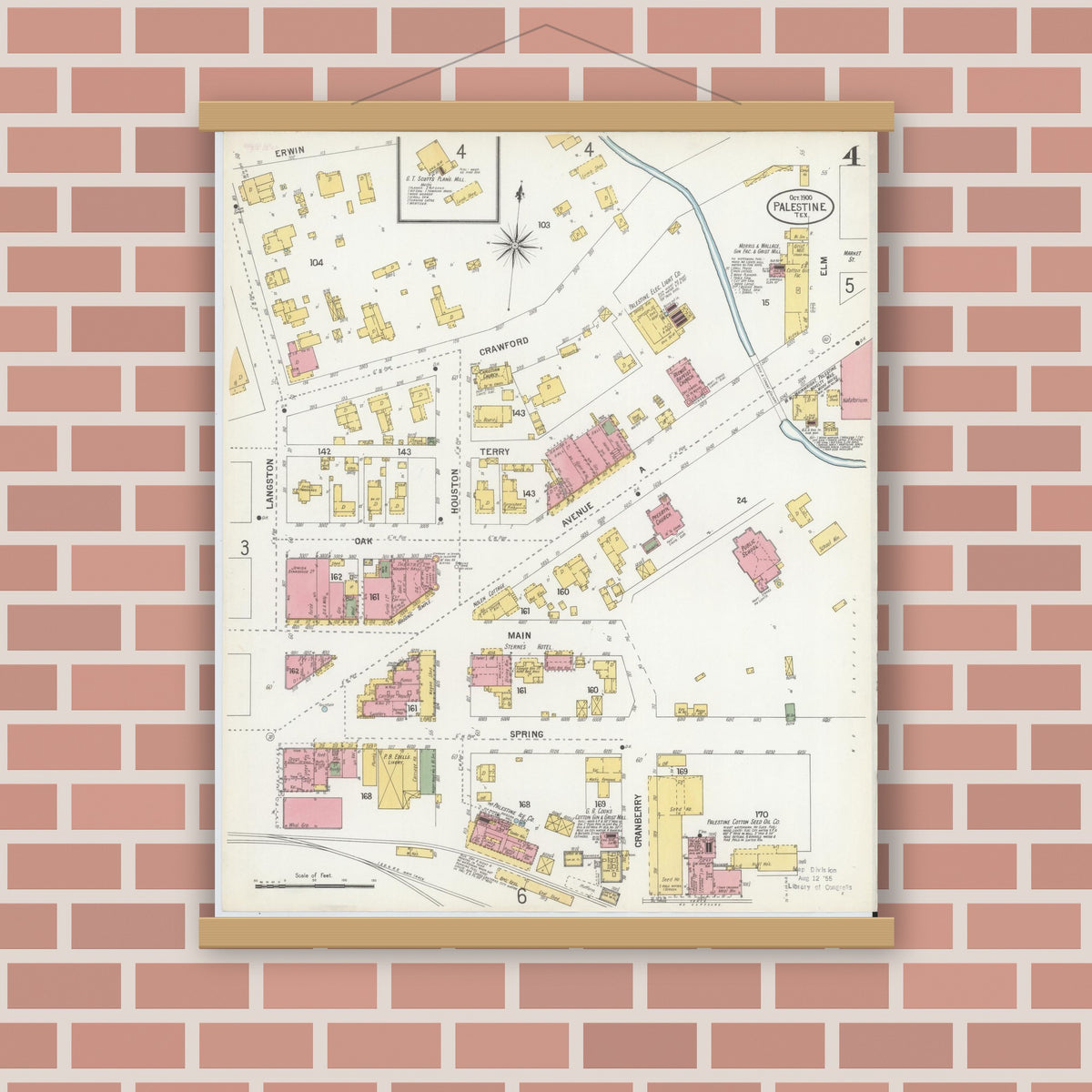 Old map wall art mockup — magnetic wood frame on brick wall — Sanborn Fire Insurance Map from Palestine, Anderson County, Texas (1900), Sheet #0004
