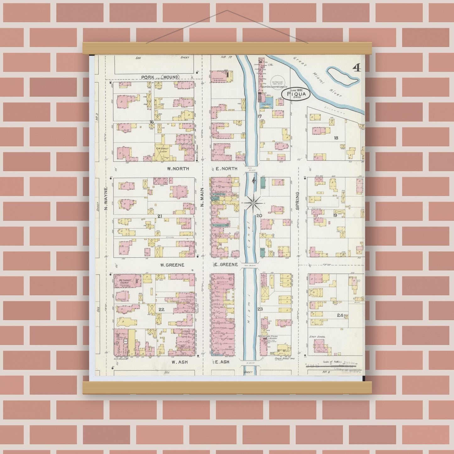 Old map wall art mockup — magnetic wood frame on brick wall — Sanborn Fire Insurance Map from Piqua, Miami County, Ohio (1892), Sheet #0004