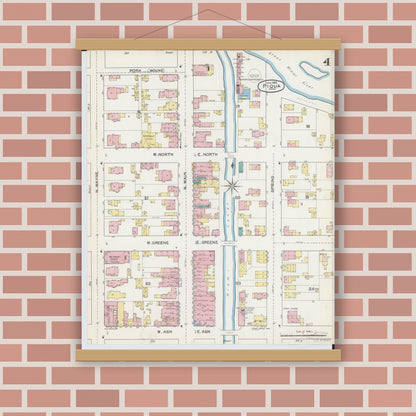 Old map wall art mockup — magnetic wood frame on brick wall — Sanborn Fire Insurance Map from Piqua, Miami County, Ohio (1892), Sheet #0004