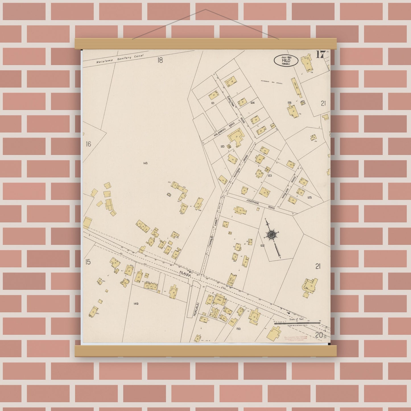 Old map wall art mockup — magnetic wood frame on brick wall — Sanborn Fire Insurance Map from Hilo, Hawaii County, Hawaii (1921), Sheet #0017