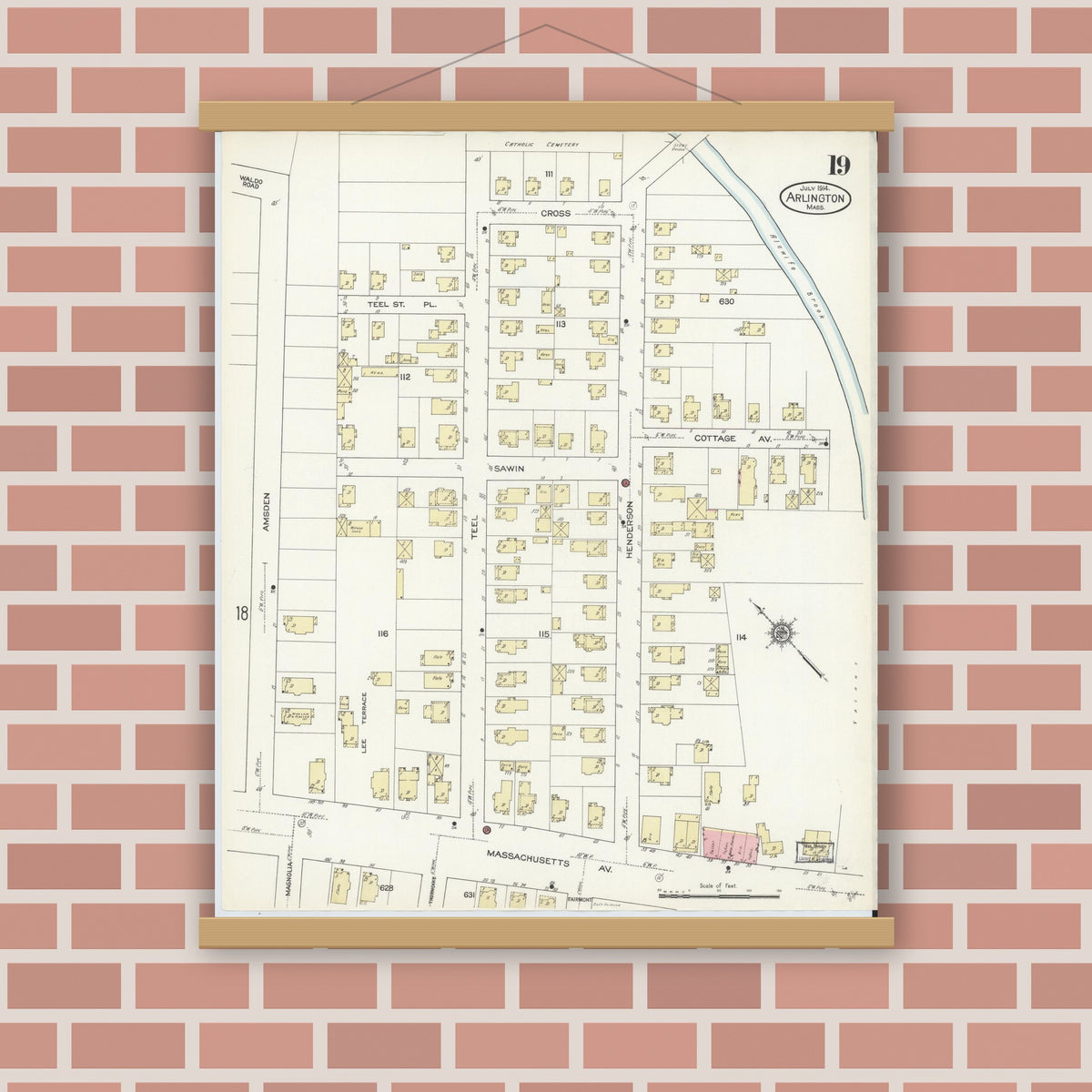 Old map wall art mockup — magnetic wood frame on brick wall — Sanborn Fire Insurance Map from Arlington, Middlesex County, Massachusetts (1914), Sheet #0019
