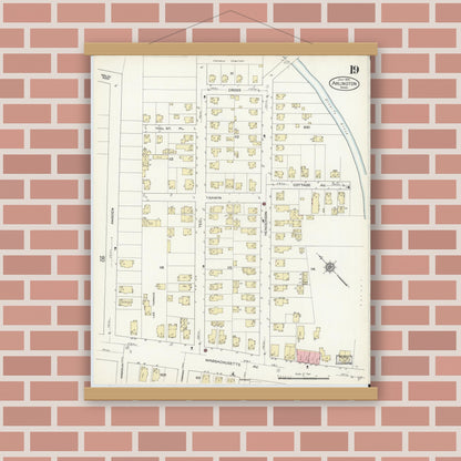 Old map wall art mockup — magnetic wood frame on brick wall — Sanborn Fire Insurance Map from Arlington, Middlesex County, Massachusetts (1914), Sheet #0019