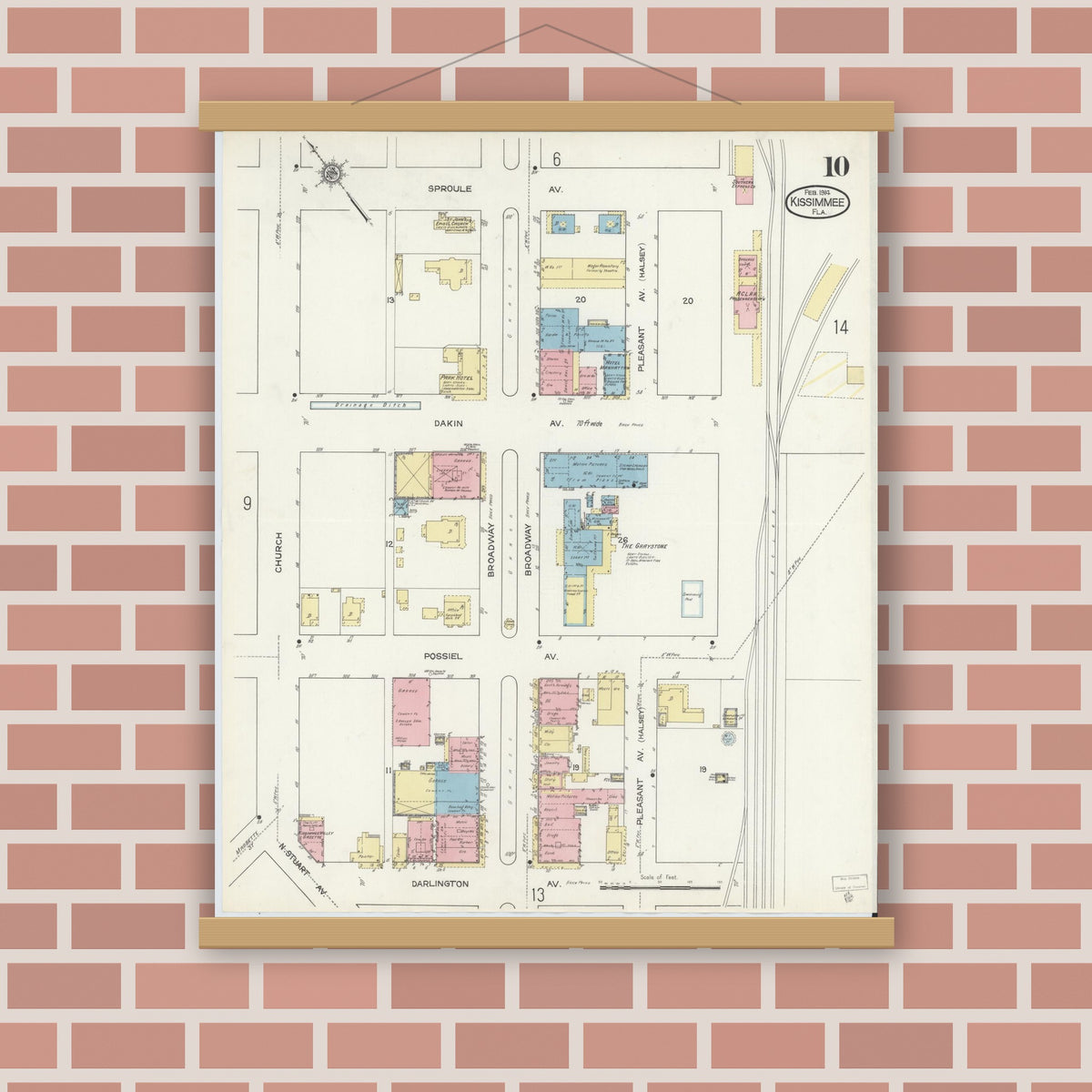 Old map wall art mockup — magnetic wood frame on brick wall — Sanborn Fire Insurance Map from Kissimmee, Osceola County, Florida (1914), Sheet #0010
