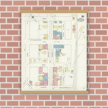 Old map wall art mockup — magnetic wood frame on brick wall — Sanborn Fire Insurance Map from Kissimmee, Osceola County, Florida (1914), Sheet #0010