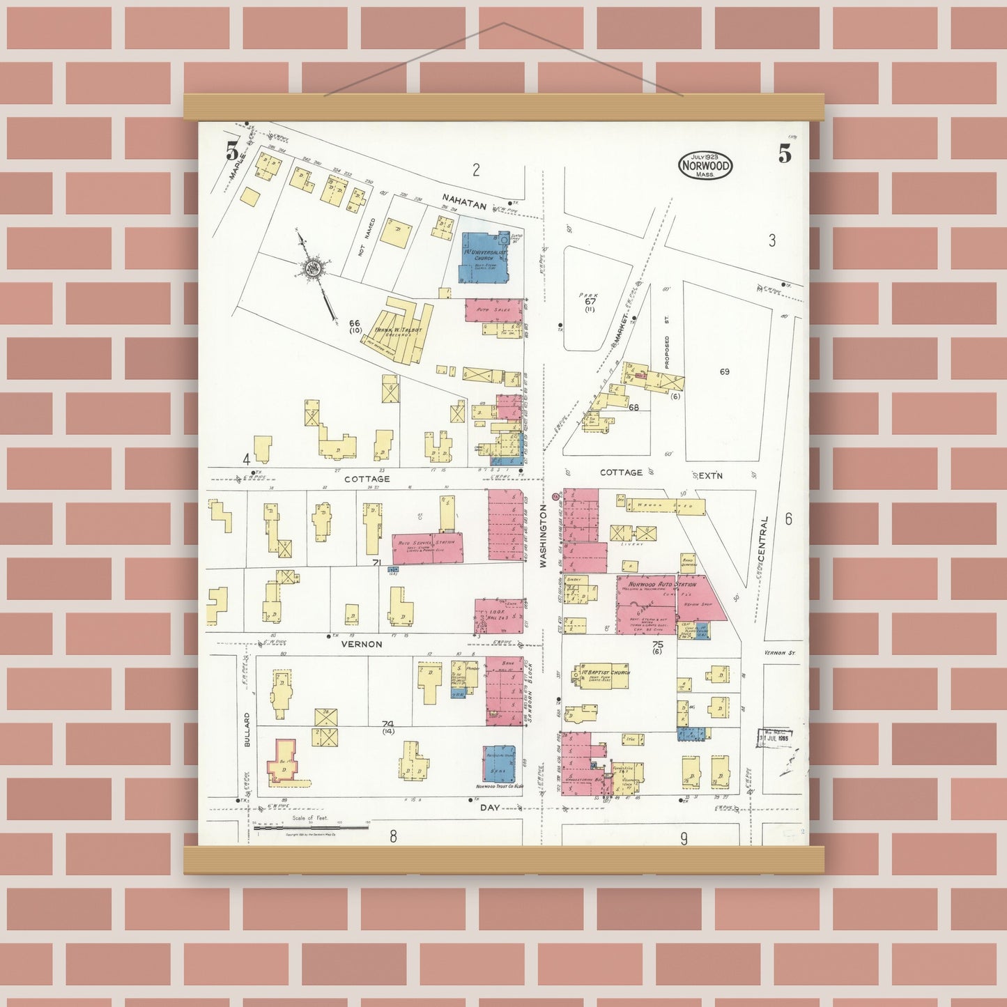 Old map wall art mockup — magnetic wood frame on brick wall — Sanborn Fire Insurance Map from Norwood, Norfolk County, Massachusetts (1923), Sheet #0005