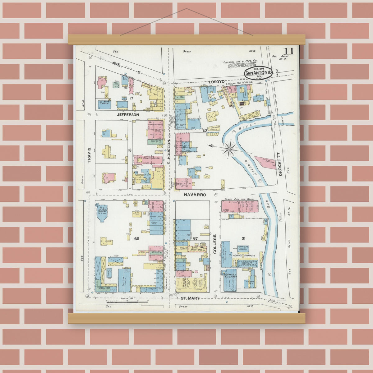 Old map wall art mockup — magnetic wood frame on brick wall — Sanborn Fire Insurance Map from San Antonio, Bexar County, Texas (1892), Sheet #0011