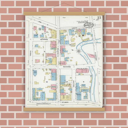 Old map wall art mockup — magnetic wood frame on brick wall — Sanborn Fire Insurance Map from San Antonio, Bexar County, Texas (1892), Sheet #0011