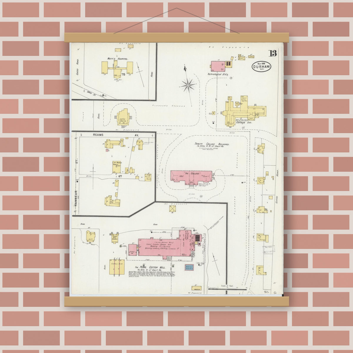 Old map wall art mockup — magnetic wood frame on brick wall — Sanborn Fire Insurance Map from Durham, Durham County, North Carolina (1898), Sheet #0013