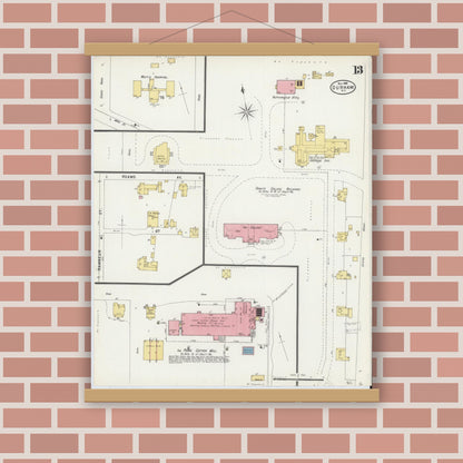 Old map wall art mockup — magnetic wood frame on brick wall — Sanborn Fire Insurance Map from Durham, Durham County, North Carolina (1898), Sheet #0013