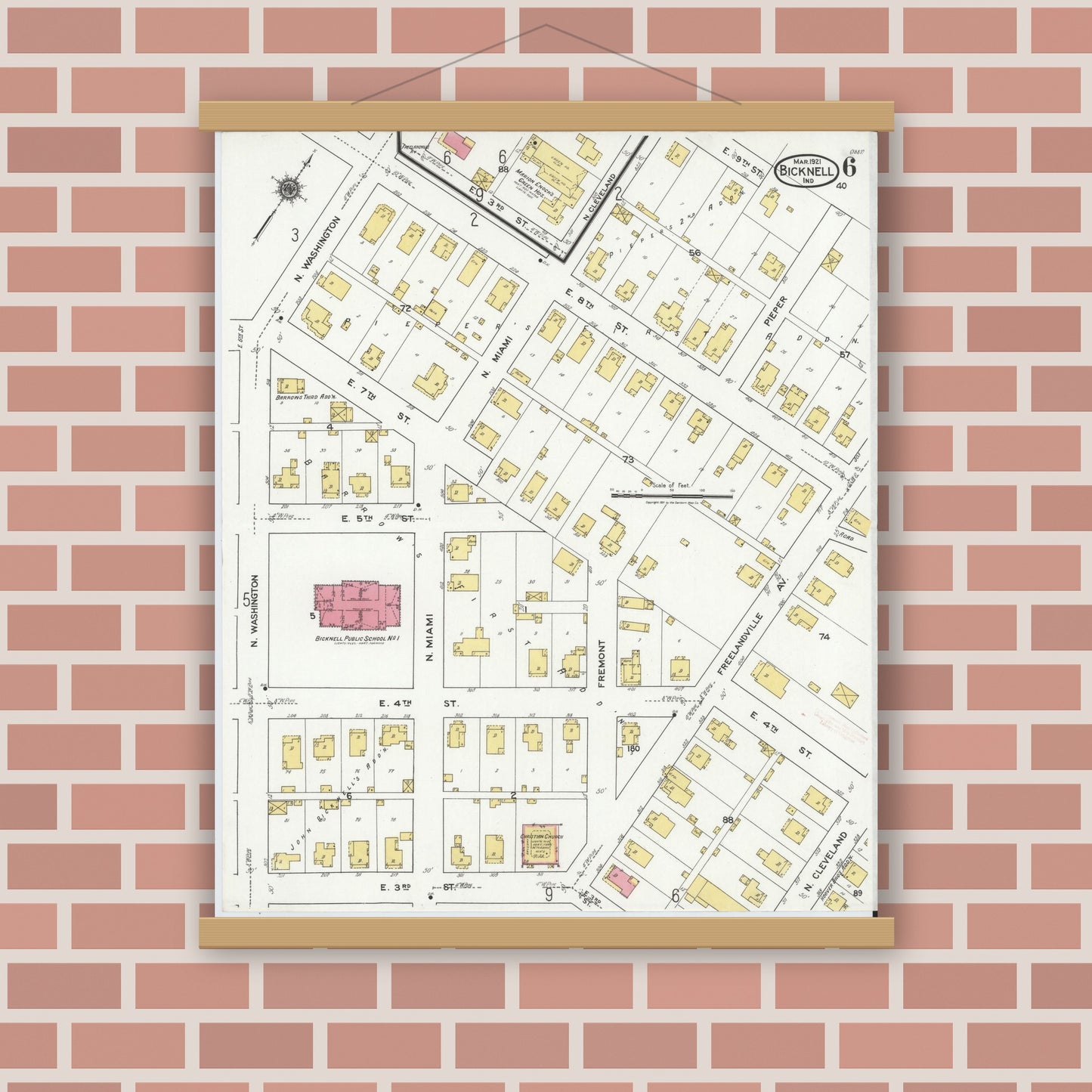 Old map wall art mockup — magnetic wood frame on brick wall — Sanborn Fire Insurance Map from Bicknell, Knox County, Indiana (1921), Sheet #0006