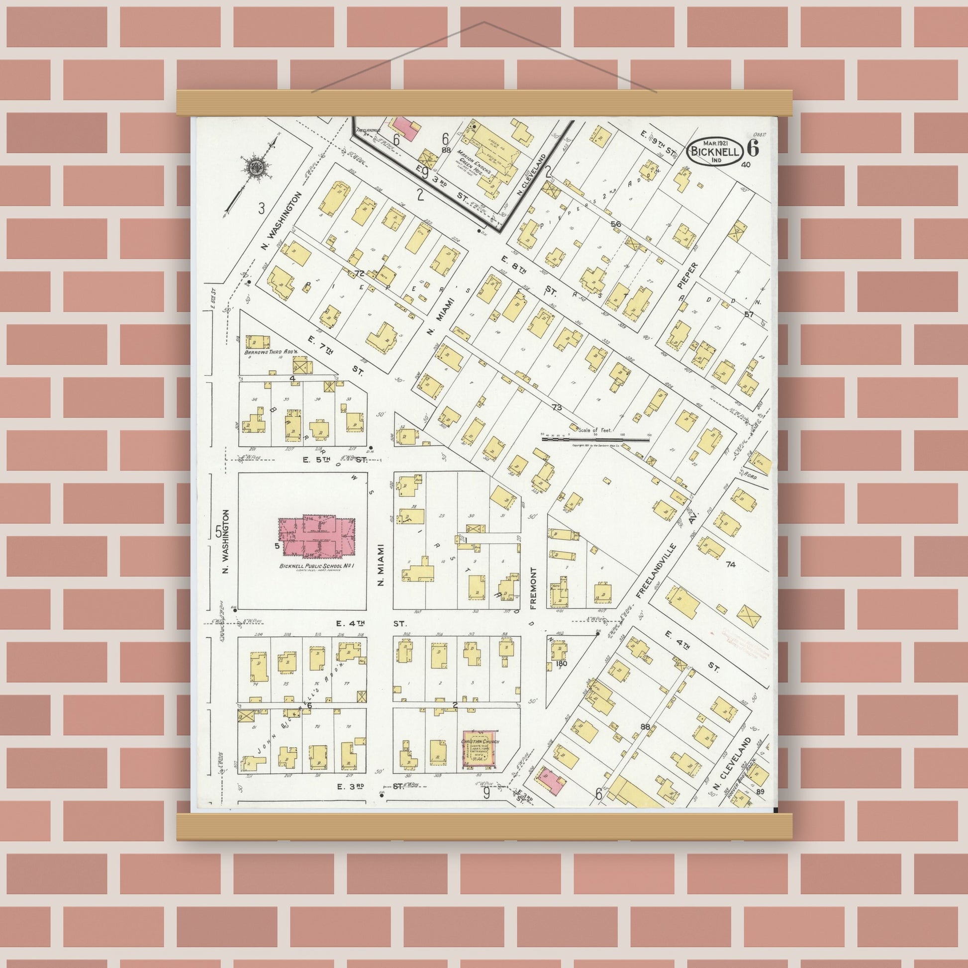 Old map wall art mockup — magnetic wood frame on brick wall — Sanborn Fire Insurance Map from Bicknell, Knox County, Indiana (1921), Sheet #0006