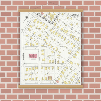 Old map wall art mockup — magnetic wood frame on brick wall — Sanborn Fire Insurance Map from Bicknell, Knox County, Indiana (1921), Sheet #0006