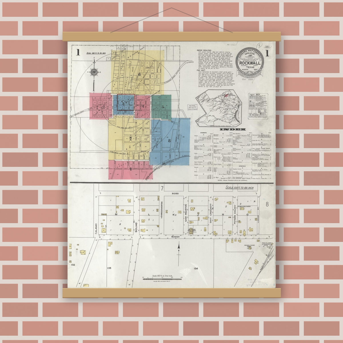 Old map wall art mockup — magnetic wood frame on brick wall — Sanborn Fire Insurance Map from Rockwall, Rockwall County, Texas (1923), Sheet #0001