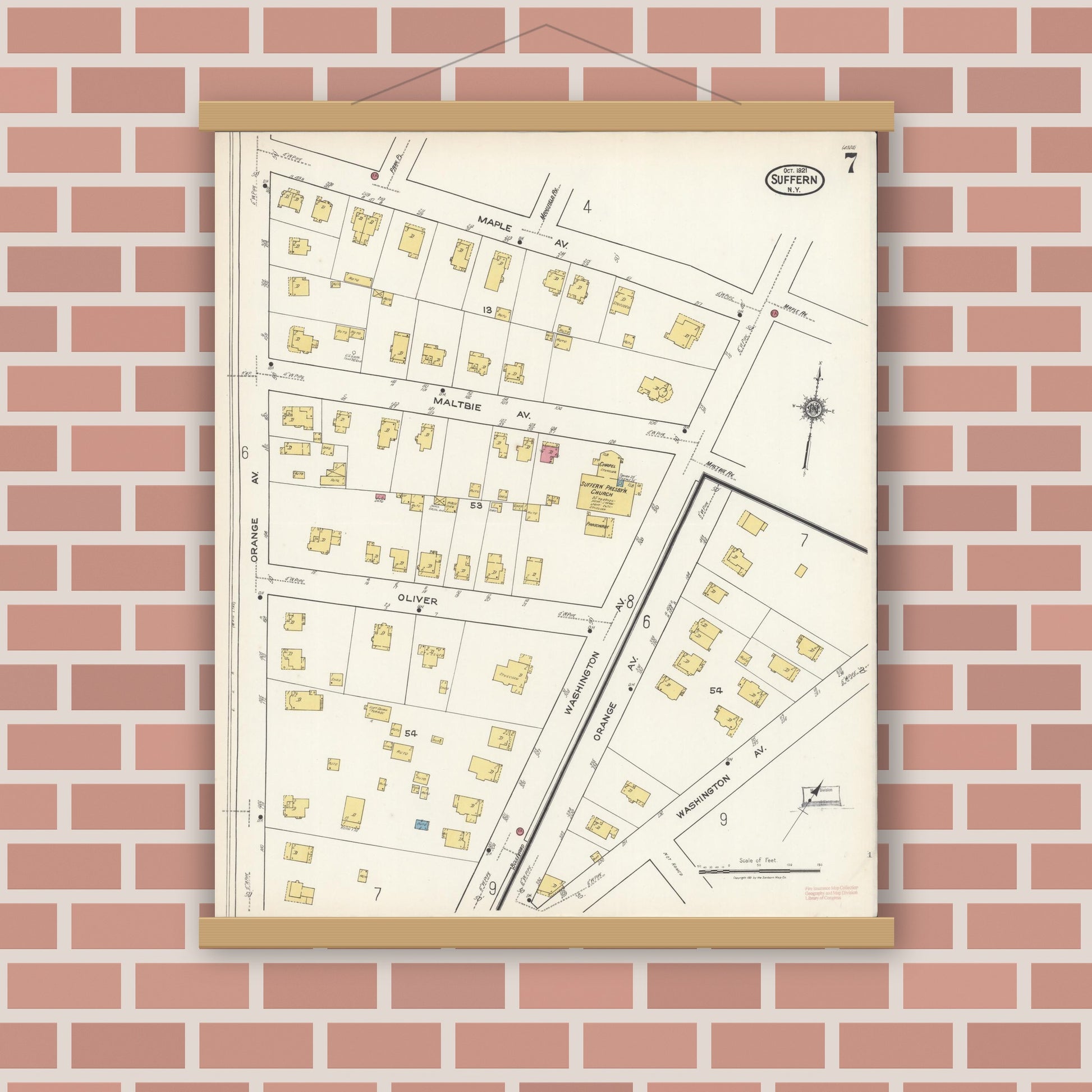 Old map wall art mockup — magnetic wood frame on brick wall — Sanborn Fire Insurance Map from Suffern, Rockland County, New York (1921), Sheet #0007