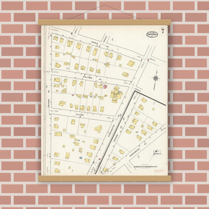 Old map wall art mockup — magnetic wood frame on brick wall — Sanborn Fire Insurance Map from Suffern, Rockland County, New York (1921), Sheet #0007