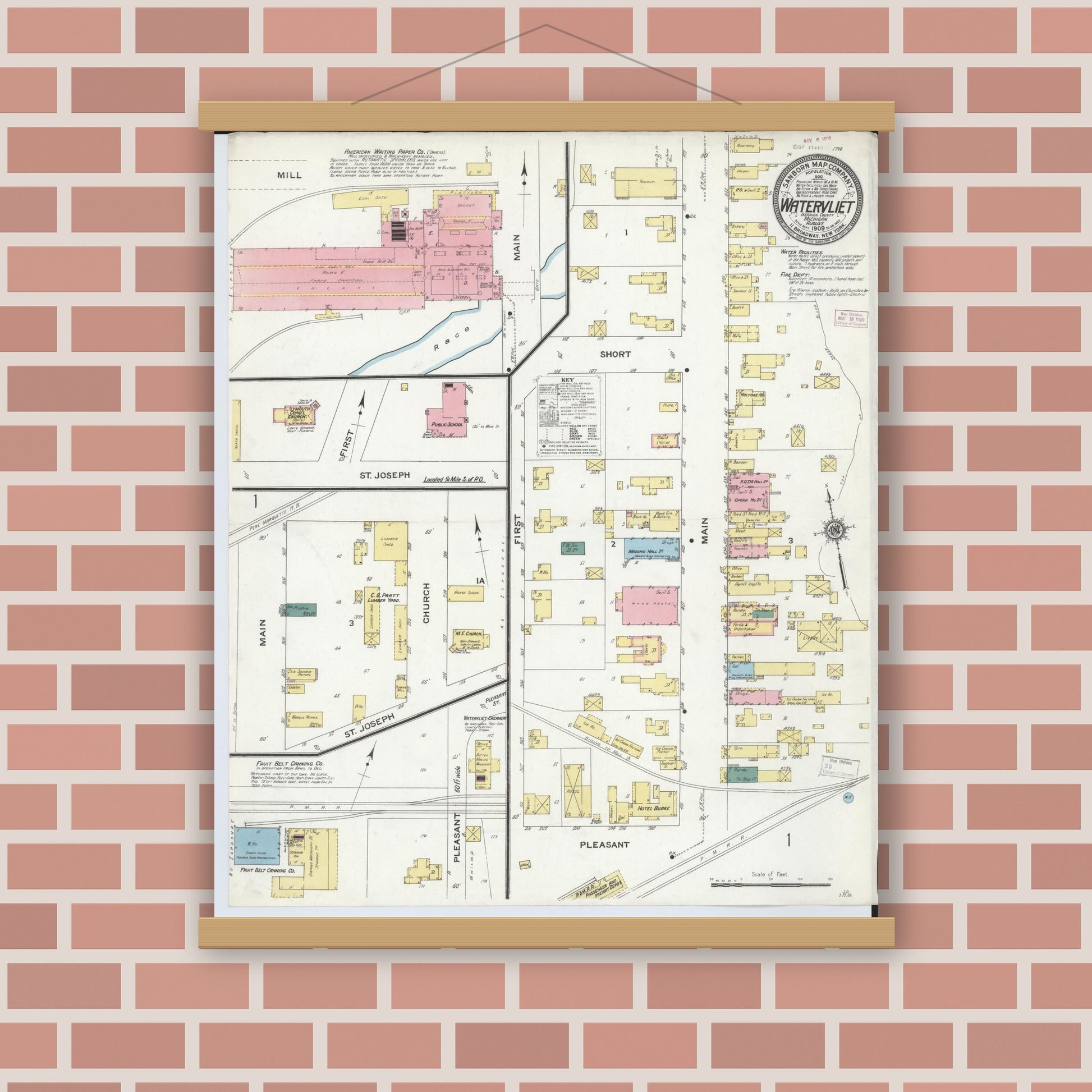 Old map wall art mockup — magnetic wood frame on brick wall — Sanborn Fire Insurance Map from Watervliet, Berrien County, Michigan (1909), Sheet #0001