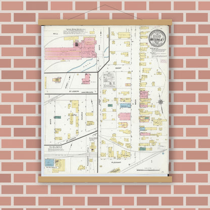 Old map wall art mockup — magnetic wood frame on brick wall — Sanborn Fire Insurance Map from Watervliet, Berrien County, Michigan (1909), Sheet #0001