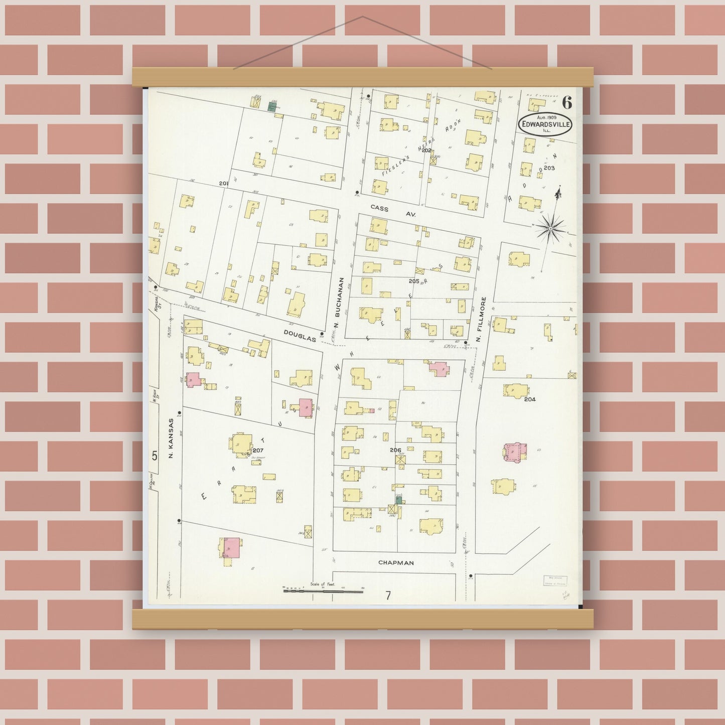 Old map wall art mockup — magnetic wood frame on brick wall — Sanborn Fire Insurance Map from Edwardsville, Madison County, Illinois (1909), Sheet #0006