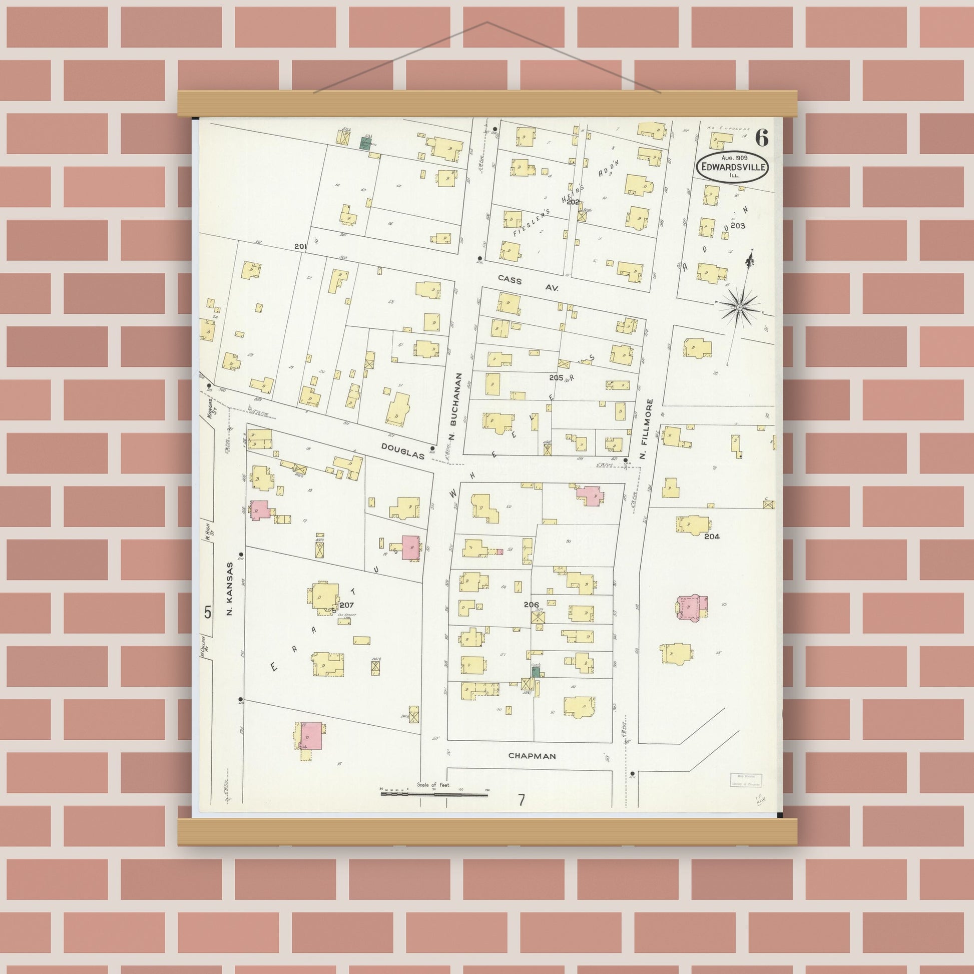 Old map wall art mockup — magnetic wood frame on brick wall — Sanborn Fire Insurance Map from Edwardsville, Madison County, Illinois (1909), Sheet #0006
