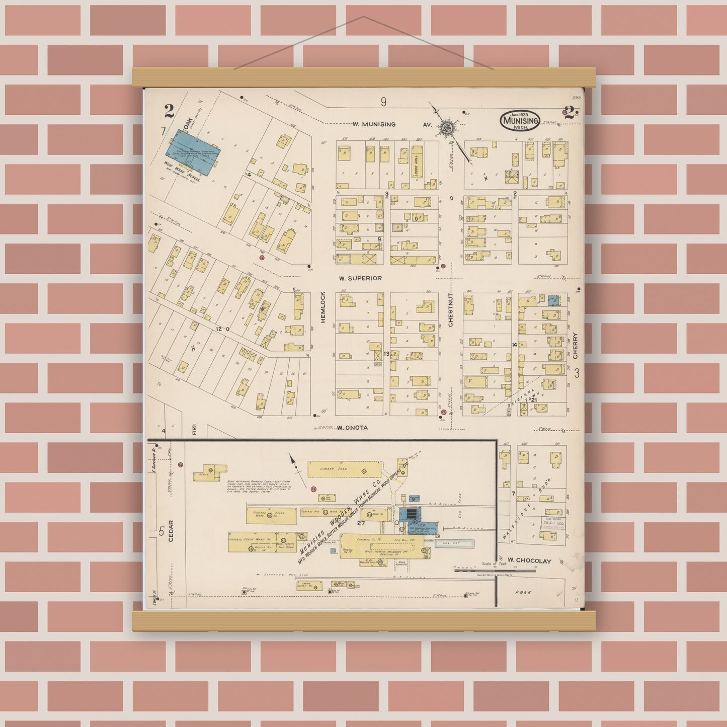 Old map wall art mockup — magnetic wood frame on brick wall — Sanborn Fire Insurance Map from Munising, Alger County, Michigan (1923), Sheet #0002