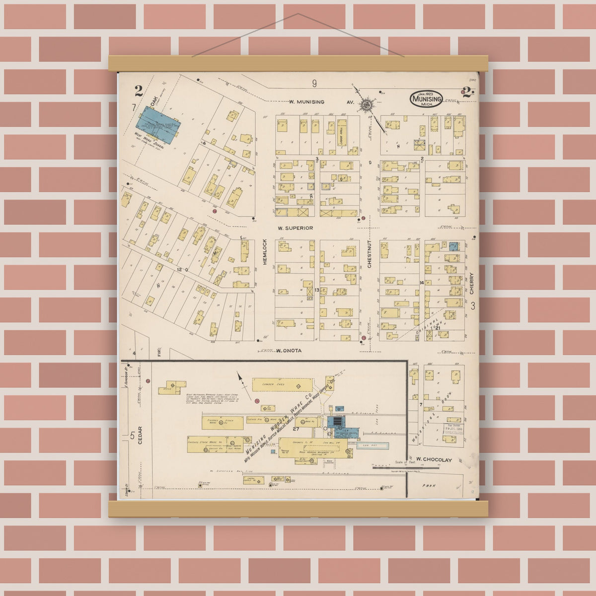 Old map wall art mockup — magnetic wood frame on brick wall — Sanborn Fire Insurance Map from Munising, Alger County, Michigan (1923), Sheet #0002