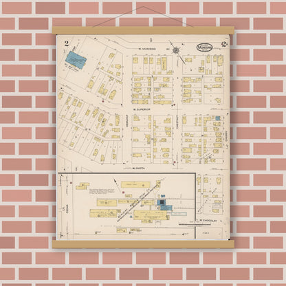 Old map wall art mockup — magnetic wood frame on brick wall — Sanborn Fire Insurance Map from Munising, Alger County, Michigan (1923), Sheet #0002