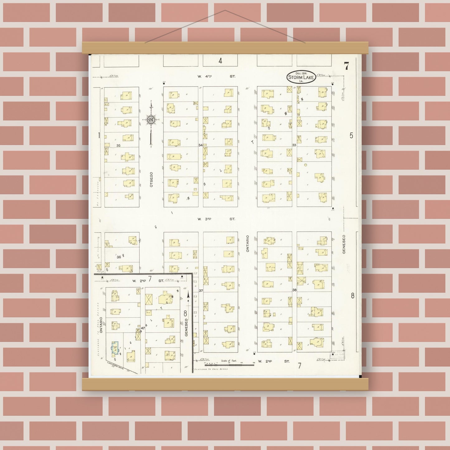 Old map wall art mockup — magnetic wood frame on brick wall — Sanborn Fire Insurance Map from Storm Lake, Buena Vista County, Iowa (1914), Sheet #0007