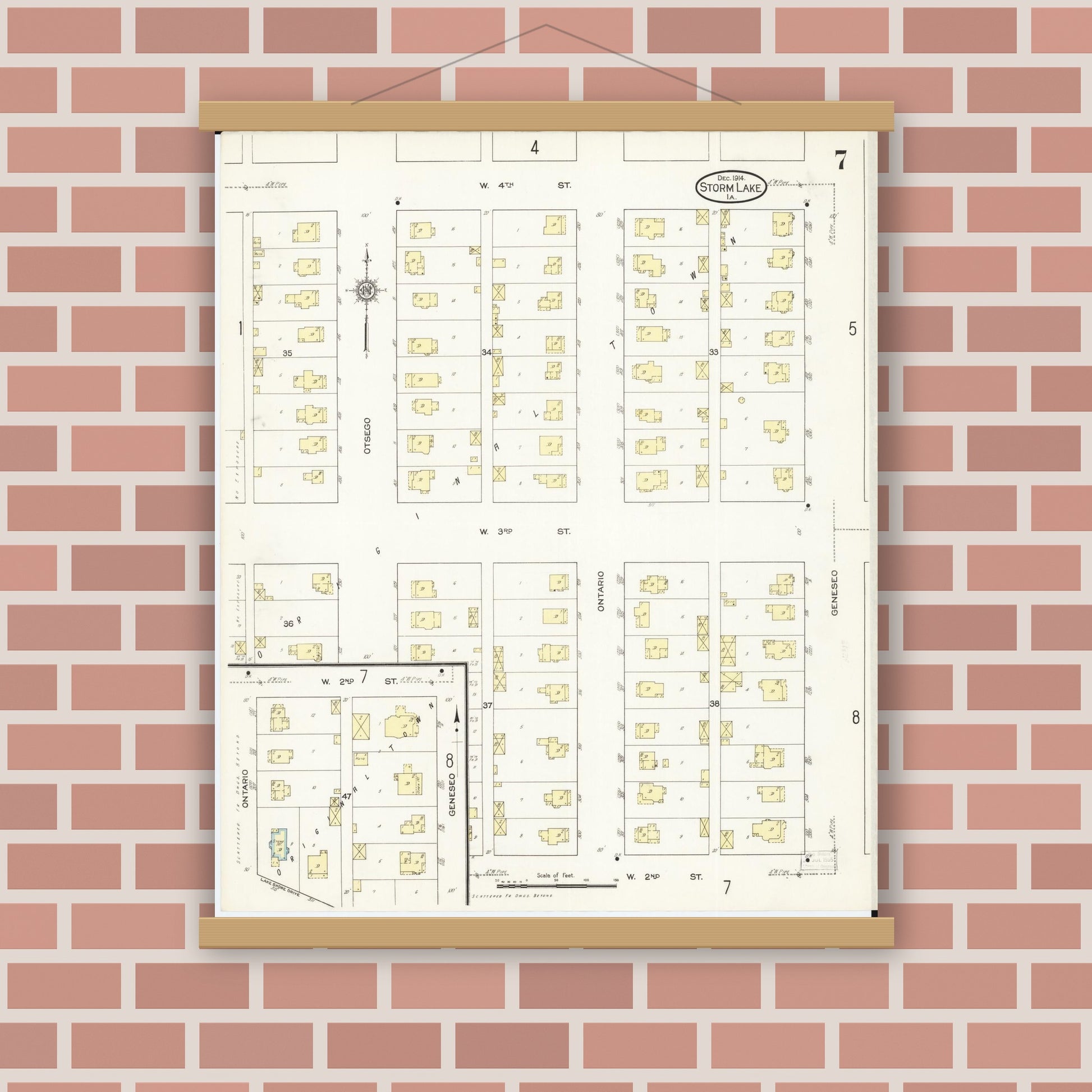 Old map wall art mockup — magnetic wood frame on brick wall — Sanborn Fire Insurance Map from Storm Lake, Buena Vista County, Iowa (1914), Sheet #0007
