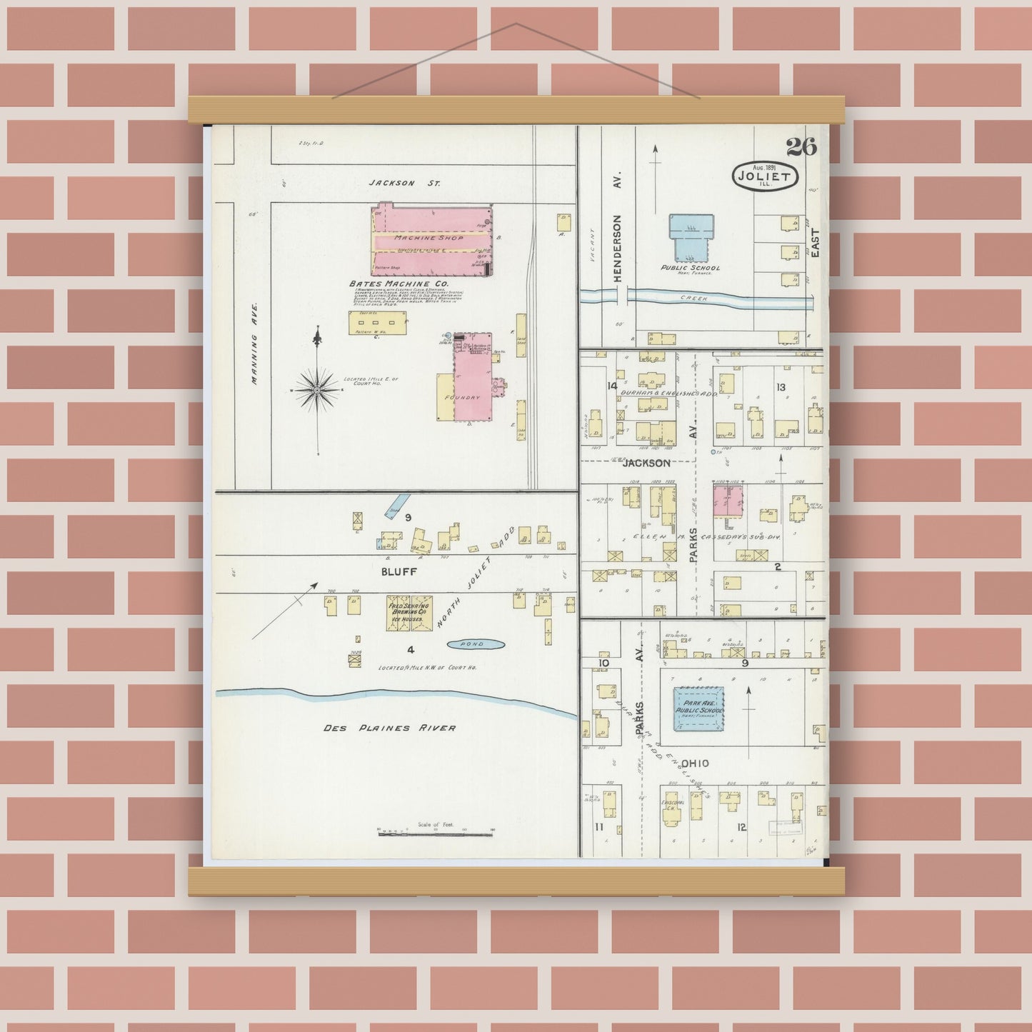 Old map wall art mockup — magnetic wood frame on brick wall — Sanborn Fire Insurance Map from Joliet, Will County, Illinois (1891), Sheet #0026