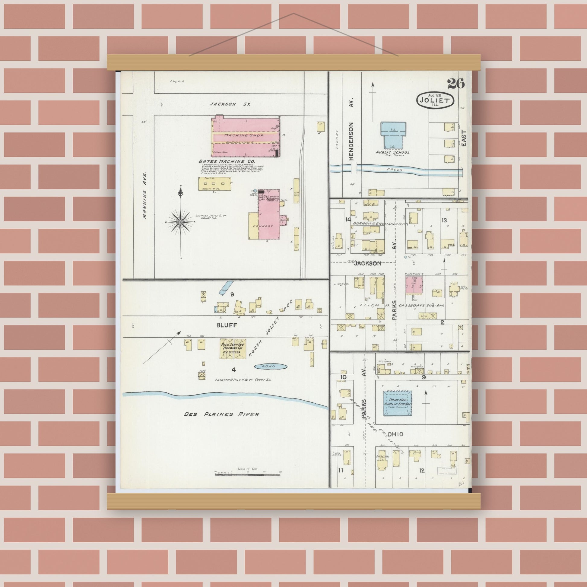 Old map wall art mockup — magnetic wood frame on brick wall — Sanborn Fire Insurance Map from Joliet, Will County, Illinois (1891), Sheet #0026