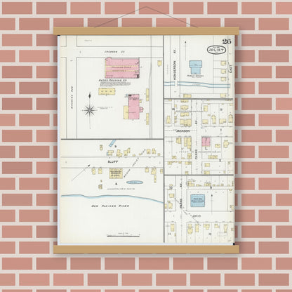 Old map wall art mockup — magnetic wood frame on brick wall — Sanborn Fire Insurance Map from Joliet, Will County, Illinois (1891), Sheet #0026