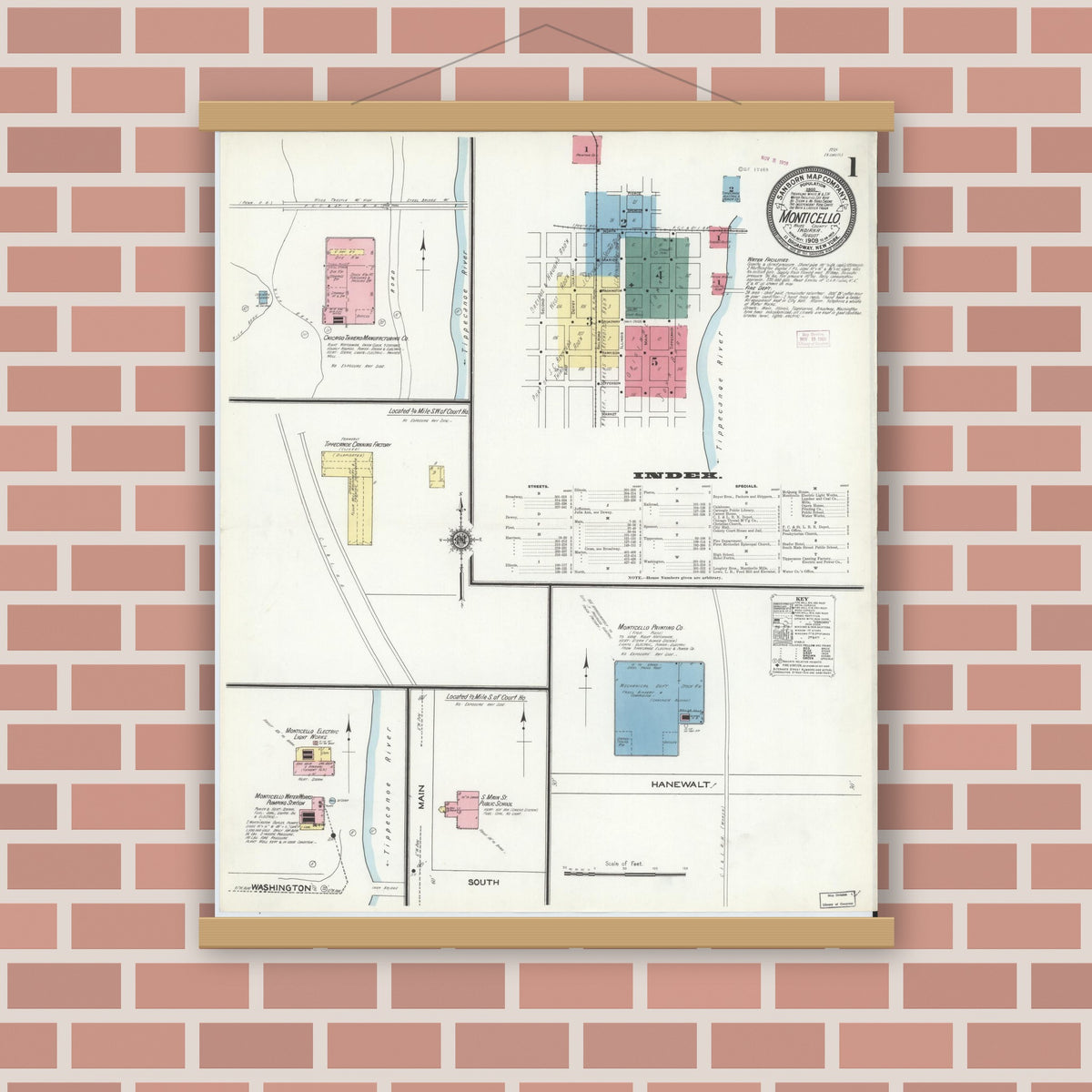 Old map wall art mockup — magnetic wood frame on brick wall — Sanborn Fire Insurance Map from Monticello, White County, Indiana (1909) - Complete Map Set
