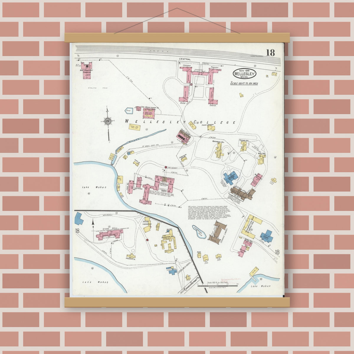Old map wall art mockup — magnetic wood frame on brick wall — Sanborn Fire Insurance Map from Wellesley, Norfolk County, Massachusetts (1919), Sheet #0018