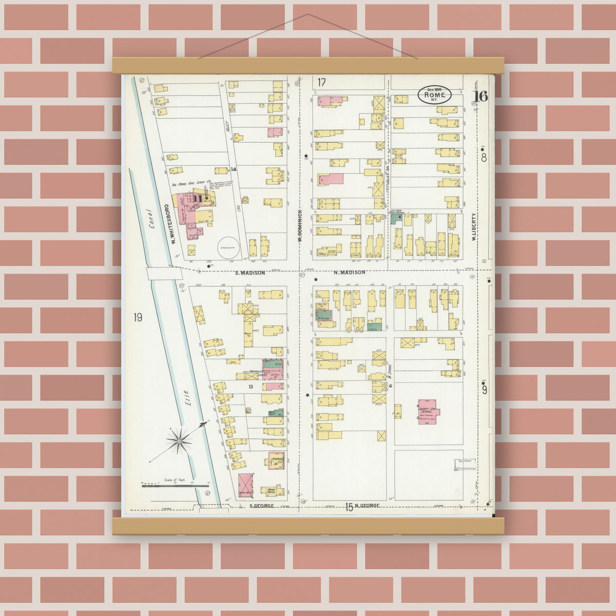 Old map wall art mockup — magnetic wood frame on brick wall — Sanborn Fire Insurance Map from Rome, Oneida County, New York (1899), Sheet #0016