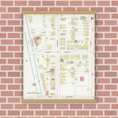 Old map wall art mockup — magnetic wood frame on brick wall — Sanborn Fire Insurance Map from Rome, Oneida County, New York (1899), Sheet #0016