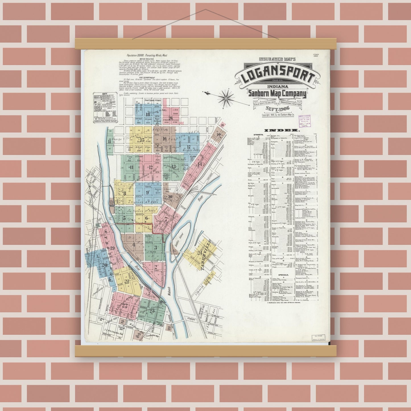 Old map wall art mockup — magnetic wood frame on brick wall — Sanborn Fire Insurance Map from Logansport, Cass County, Indiana (1906), Sheet #0001