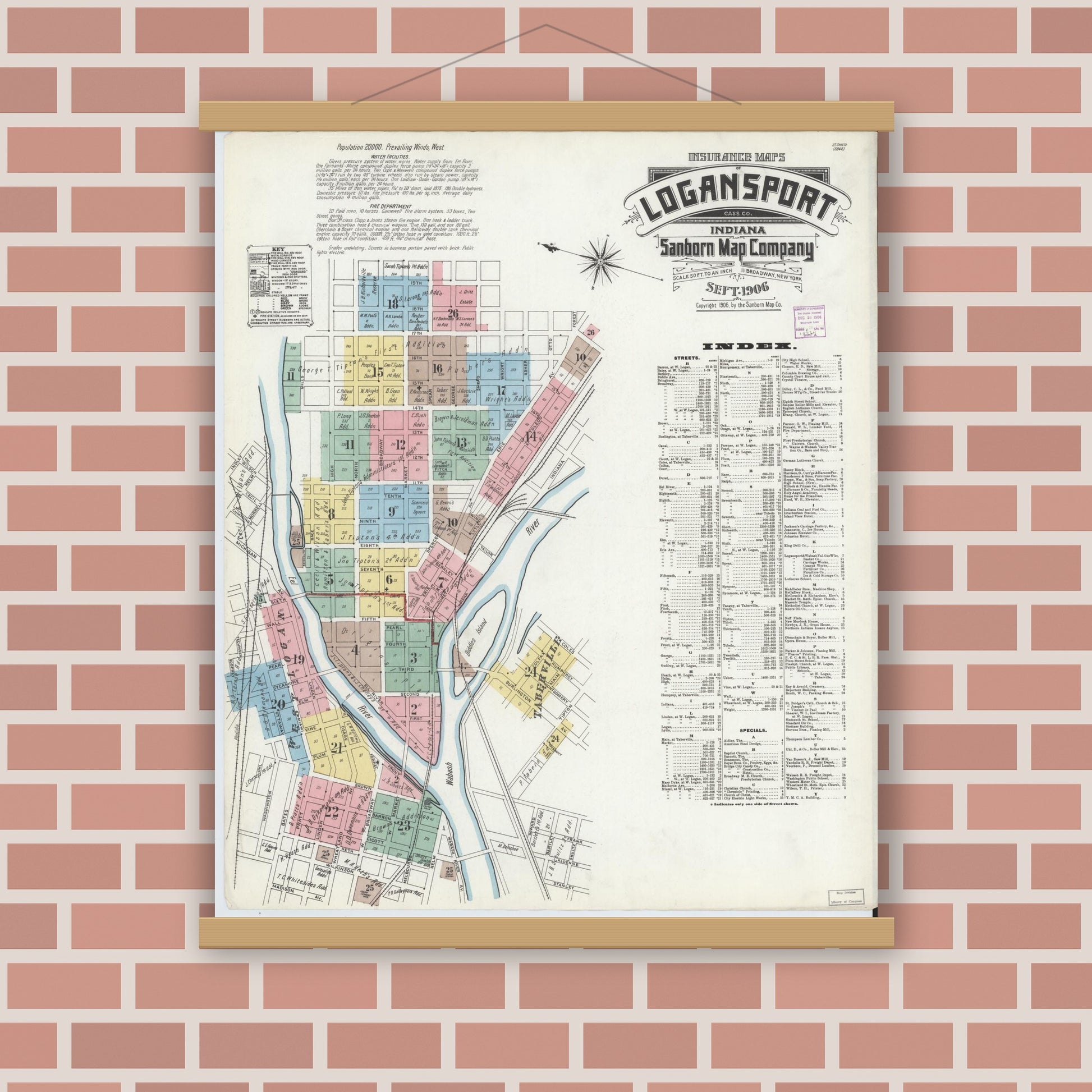 Old map wall art mockup — magnetic wood frame on brick wall — Sanborn Fire Insurance Map from Logansport, Cass County, Indiana (1906), Sheet #0001