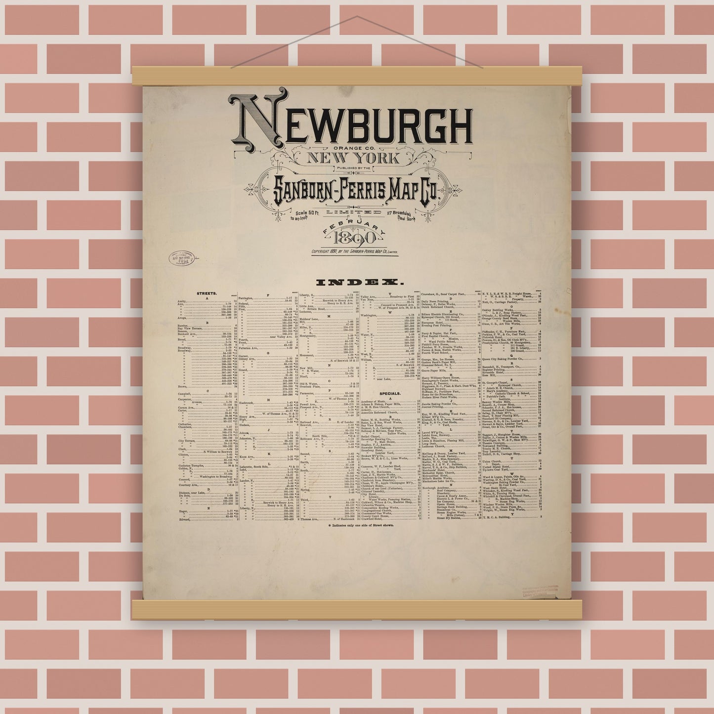 Old map wall art mockup — magnetic wood frame on brick wall — Sanborn Fire Insurance Map from Newburgh, Orange County, New York (1890), Sheet #0001