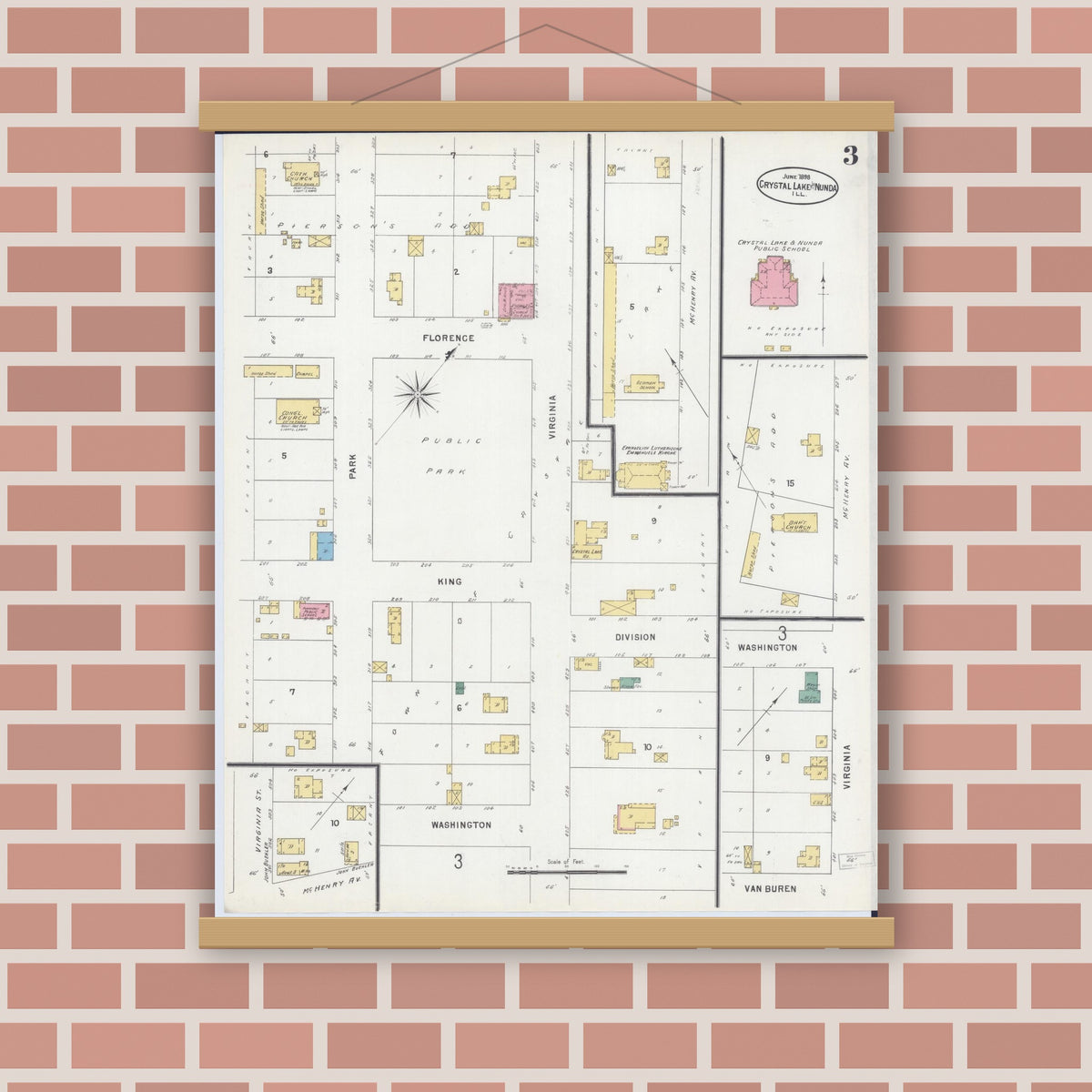 Old map wall art mockup — magnetic wood frame on brick wall — Sanborn Fire Insurance Map from Crystal Lake, McHenry County, Illinois (1898), Sheet #0003