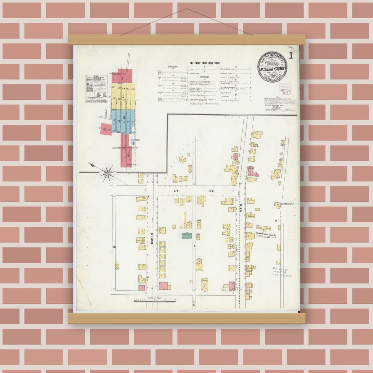 Old map wall art mockup — magnetic wood frame on brick wall — Sanborn Fire Insurance Map from McSherrystown, Adams County, Pennsylvania (1904) - Complete Map Set