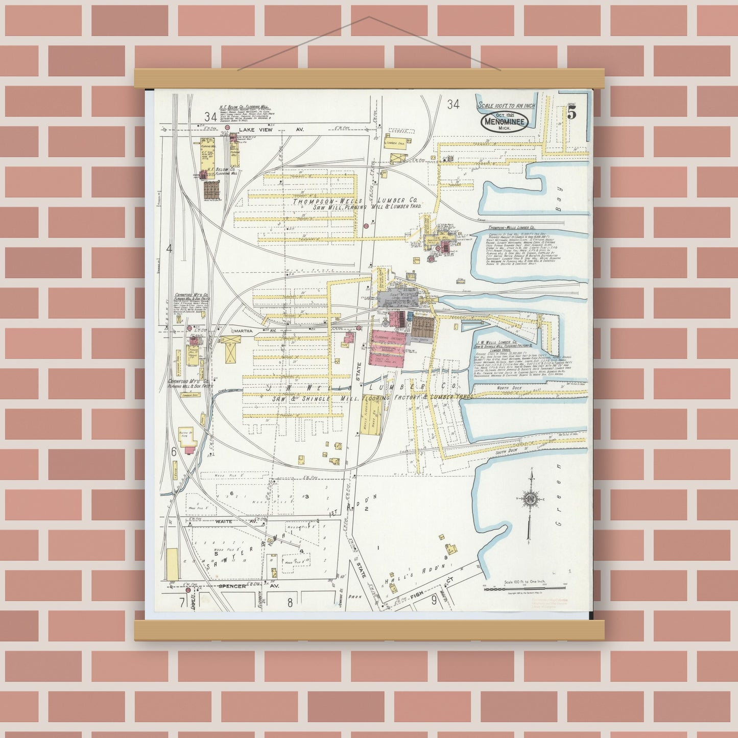Old map wall art mockup — magnetic wood frame on brick wall — Sanborn Fire Insurance Map from Menominee, Menominee County, Michigan (1921), Sheet #0005