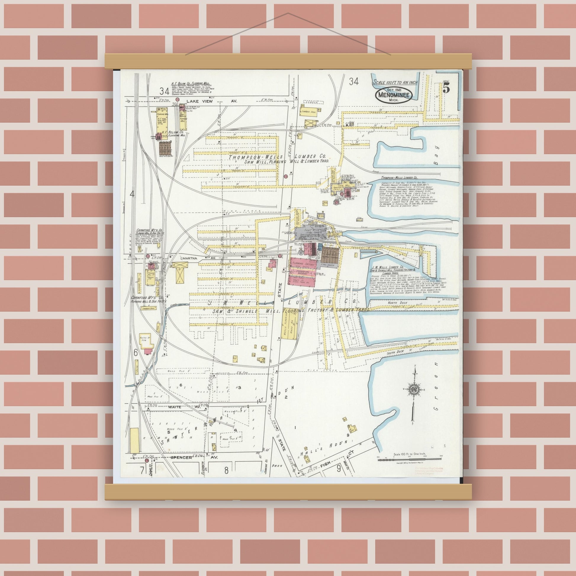 Old map wall art mockup — magnetic wood frame on brick wall — Sanborn Fire Insurance Map from Menominee, Menominee County, Michigan (1921), Sheet #0005