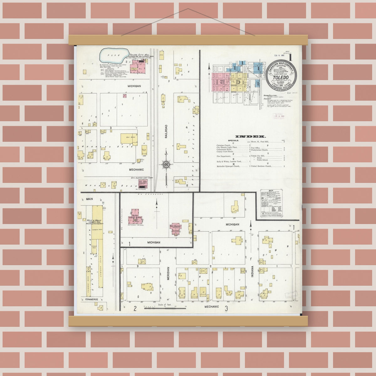 Old map wall art mockup — magnetic wood frame on brick wall — Sanborn Fire Insurance Map from Toledo, Cumberland County, Illinois (1911), Sheet #0001
