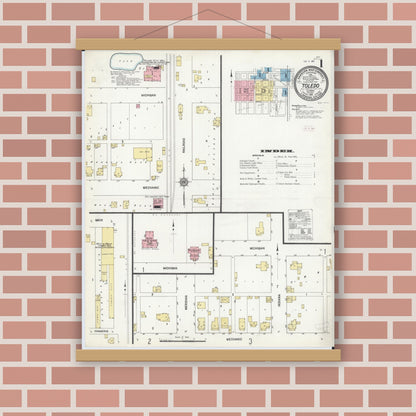 Old map wall art mockup — magnetic wood frame on brick wall — Sanborn Fire Insurance Map from Toledo, Cumberland County, Illinois (1911), Sheet #0001